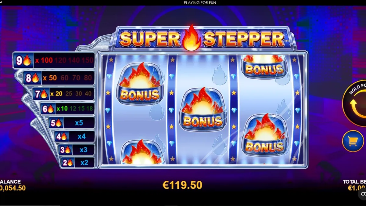 Tampilan visual slot Super Stepper dengan tema neon cyberpunk dan tangga pengali