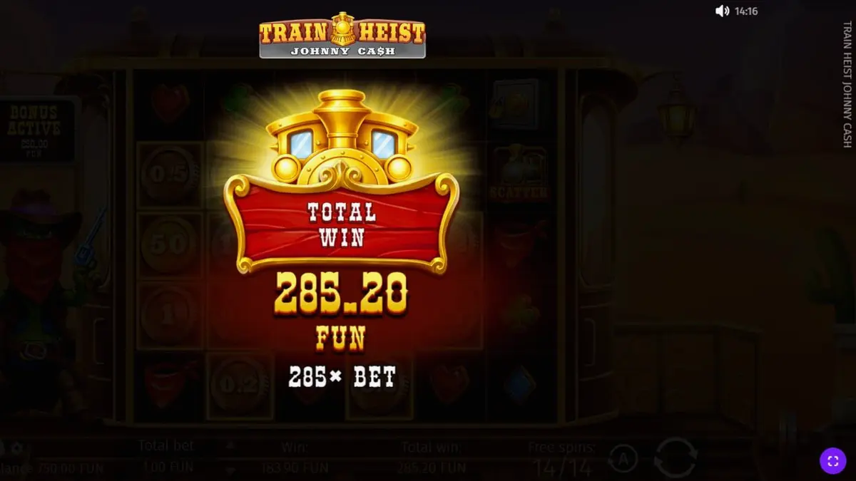 Tampilan visual slot Train Heist Johnny Cash dengan latar belakang kereta api di padang pasir